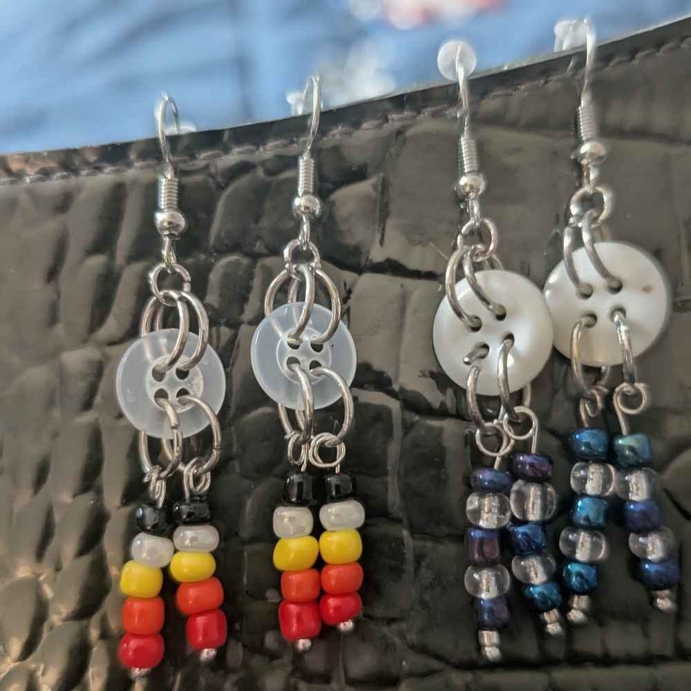Handmade Beaded Dangle Earrings with Button Accent - Multicolor